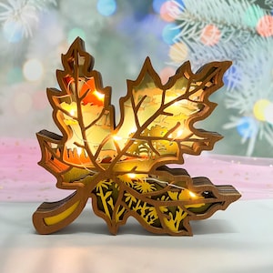 Hölzerne 3D geschnitzte Ahornblatt-Wärme-Lampe, die Schönheit der hölzernen Natur, Tischdekoration, vorzügliches Ahornblatt-Dekor, Herbst-Dekor-Geschenk