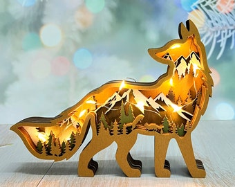 Wooden Carved 3D Fox with LED Lights: Home Decor Ornament, Mother's Day Gift