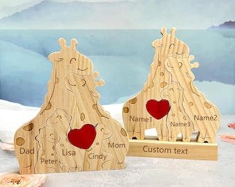Gepersonaliseerde houten familiepuzzel giraffe: gegraveerde naam cadeau, Moederdagcadeau
