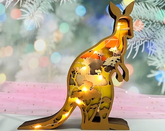 Lámpara de madera tallada en 3D con forma de canguro, decoración para dormitorio infantil, regalo de cumpleaños, regalo artístico de madera para niños, luz de animal con nombre grabado, adorno navideño.