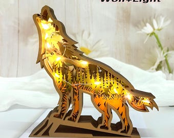 Carved Wooden Wolf with LED Lights: Desk Decor Ornament, Holiday Gifts, Mother's Day Gift