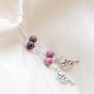 Pink Rhodonite Fairy Earrings | Pink Crystal dangle with Fairie charm | Fae cottage core jewelry | Fairy Garden