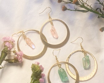 Pendientes de cuarzo Angel Aura / Pendientes de aro de cristal / pendientes de aro de oro con colgante de cuarzo