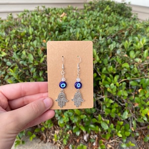 Evil eye Hamsa hand charm earrings | Earring gift for Hippies | All seeing eye earrings | Turkish evil eye glass bead jewelry