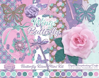Butterfly Kisses Scrapbook Mini Kit, Pink, Purple, Teal (Digital Download)