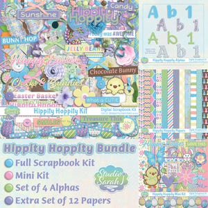May include: A digital scrapbook kit with an Easter theme. The design features pastel colors, butterflies, chicks, bunnies, and the text "Happy Easter." Includes alphabets, papers, and a mini kit. The kit is labeled "Hippity Hoppity" and includes the text "Treasure This."
