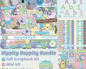 Hippity Hoppity Digital Easter Scrapbook Bundle full of blue, pink, purple, yellow, peach & green papers, elements, alphas