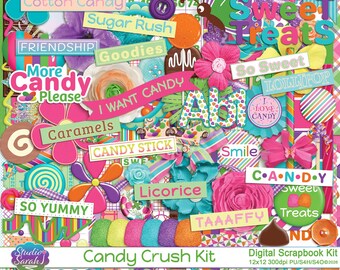 Candy Crush Digital Scrapbook Kit: blue green purple pink yellow orange papers, elements, glitters & alphas