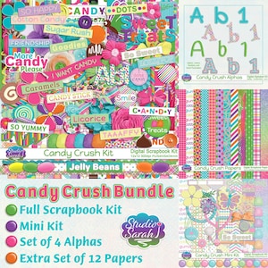 May include: A digital scrapbook bundle titled Candy Crush featuring colorful candy-themed graphics, alphabet letters, numbers, and patterned papers. The collection includes various elements like flowers, ribbons, and text labels such as So Happy, Sugar Rush, and Sweet Treats in bright pink, blue, green, and orange hues.