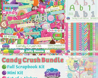 Candy Crush Digital Scrapbook Bundle blue green purple pink yellow orange papers, elements, glitters & alphas