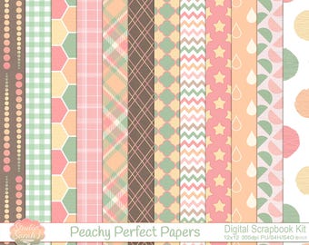 Peachy Perfect Digital Paper Kit featuring peaches, yellows, pinks, & greens for scrapbooking, cardmaking, journals, paper crafts and more.