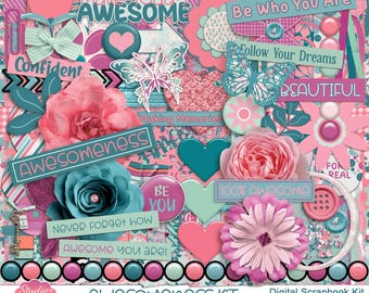 Awesomeness Digital Scrapbook Kit, Teal, Fuchsia, Pink, Blue, Green (Digital Download)