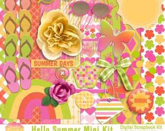 Hello Summer Digital Scrapbook Mini Kit, Oranges, Pinks, Yellows (Digital Download)