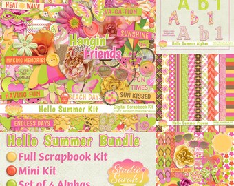 Hello Summer Digital Scrapbook Bundle, summer elements, papers, alphas in orange, yellow, pink, green