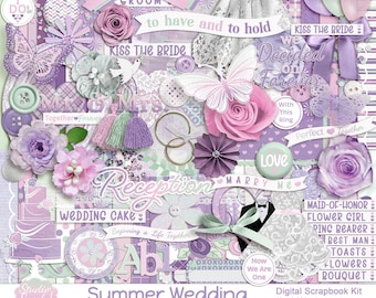 Summer Wedding Digital Scrapbook Kit featuring pinks, purples & greens for scrapbooking, card making, journals, paper crafts and more.