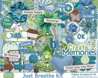 Just Breathe Digital Scrapbooking Kit, Blues, Greens, Teals, Browns
