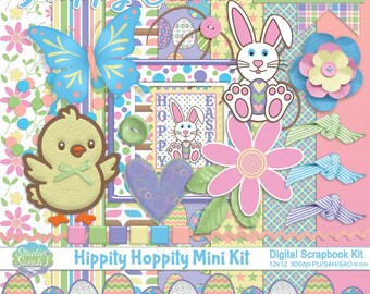 Hippity Hoppity Digital Easter Mini Kit filled with blue, pink, purple, yellow, peach and green papers and elements