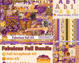 Fabulous Fall Digital Scrapbook Bundle, Fuchsia, Purple, Orange, Yellow