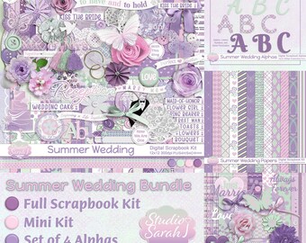 Summer Wedding Digital Scrapbook Bundle featuring pinks, purples & greens for scrapbooking, card making, journals, paper crafts and more.