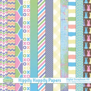 Kit de papeles digitales de Pascua Hippity Hoppity, con papeles coordinados en azul, rosa, morado, amarillo, melocotón y verde.