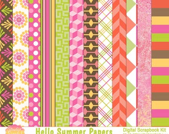 Hello Summer Digital Scrapbook Papers, Oranges, Yellows, Pinks, Greens (Digital Download)
