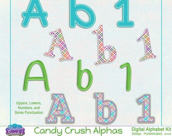 Candy Crush Digital Alphabet Kit - 4 bright alphas in blue green purple pink orange