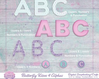Butterfly Kisses Scrapbook Alphabets Kit, Pink, Purple, Teal (Digital Download)
