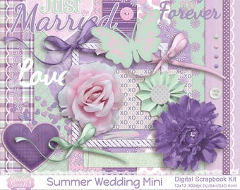 Summer Wedding Digital Mini Kit featuring pinks, purples & greens for scrapbooking, cardmaking, journals, paper crafts and more.
