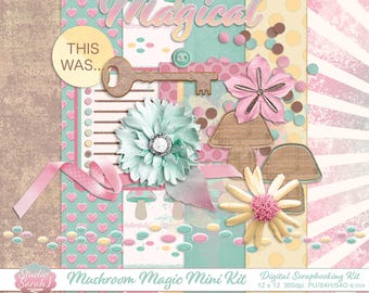 Mushroom Magic Digital Scrapbook Mini Kit in greens, pinks, yellows & browns