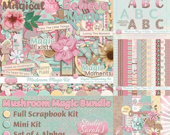Mushroom Magic Digital Scrapbook Bundle in greens, pinks, yellows & browns
