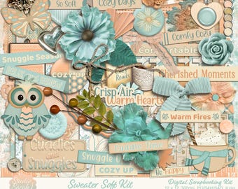 Sweater Soft Digital Scrapbook Kit, Fall, Winter, Green, Orange & Natural Colors