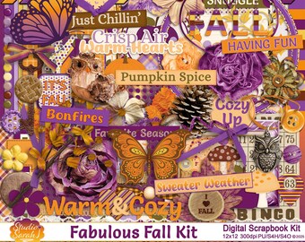 Fabulous Fall Digital Scrapbook Kit, Fuchsia, Purple, Orange, Yellow, Brown