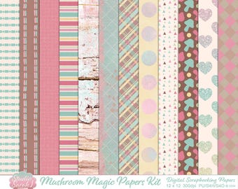 Mushroom Magic Digital Paper Scrapbook Kit in greens, pinks, yellows & browns