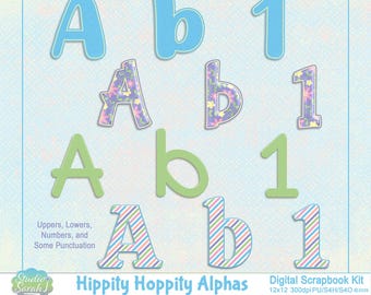 Hippity Hoppity Digital Alphabet Kit consists of 4 alphas in hues of blue, pink, purple, yellow, peach and green