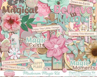 Mushroom Magic Digital Scrapbook Kit, Greens, Pinks, Yellows, Browns (Digital Download)