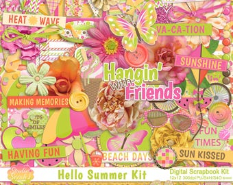 Hello Summer Digital Scrapbook Kit, Oranges, Yellows, Pinks, Greens (Digital Download)