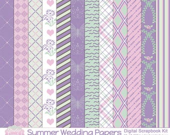 Summer Wedding Digital Paper Kit featuring pinks, purples & greens for scrapbooking, card making, journals, paper crafts and more.