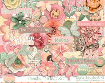 Peachy Perfect Digital Scrapbook Kit featuring peaches, yellows, pinks & greens for scrapbooking, cardmaking, journals, papercrafts and more