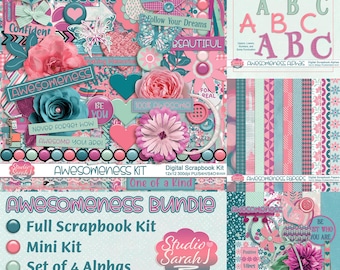 Awesomeness Digital Scrapbook Bundle - Full and Mini Kits, Alphas Kit, Papers Kit, Teal, Pink, Fuschia, Green, Blue