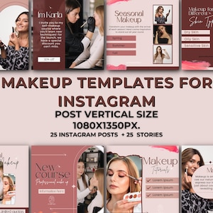 Plantillas de Instagram para maquilladores, marca de estudios de maquillaje, paquete redes sociales para salones de belleza, editable Canva