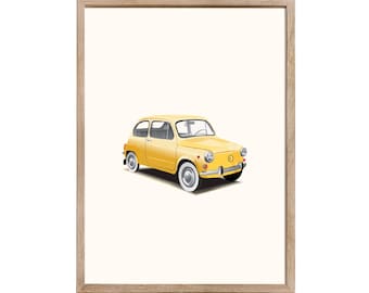 Carro amarelo vintage retrô, carro clássico francês, pôster digital para impressão, arte de parede retrô para download instantâneo / presente para o cara do carro