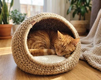 Crochet Cat Cave Bed Pattern, Jute Rope, Modern Pet House Tutorial (PDF Download)