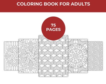 May include: A black and white coloring book with geometric patterns. The cover features a sample page with a geometric design and the text "Geometric Patterns Coloring Book for Adults" and "75 Pages".