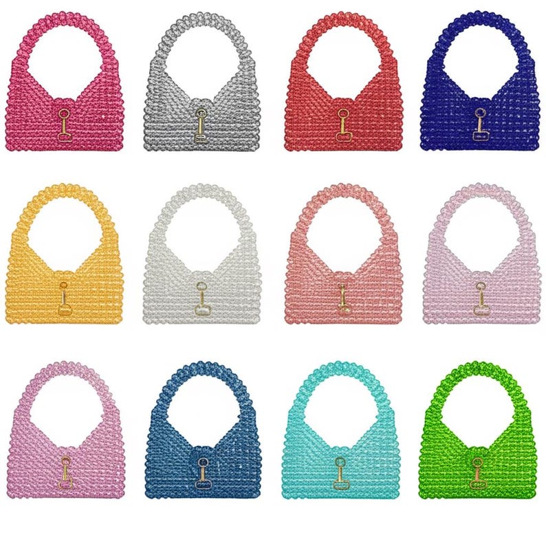 May include: A collection of twelve beaded handbags in various colors, including pink, silver, red, blue, yellow, white, and green. Each bag features a top handle and a clasp closure. The bags are arranged in a grid pattern.