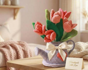 Crochet Tulip Bouquet in Watering Can Vase, Forever Flowers, Desk Decor (PDF Pattern)