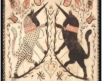 239. Aged Crazy Quilt Unicorns Americana Folk Art Fraktur Illustration on Cotton Fabric 8 x 8 inches