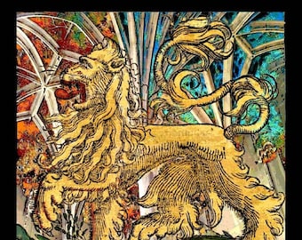 133a. Medieval Royal Lion Fabric: Organic Cotton Sateen, Quilting & Crafts (8x8 inches)