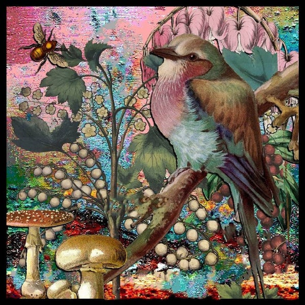 49. Organic Cotton Sateen Berries and Bird's Perspective Pink  Teal Blue Green 8 x 8 inches   Fabric Swatch