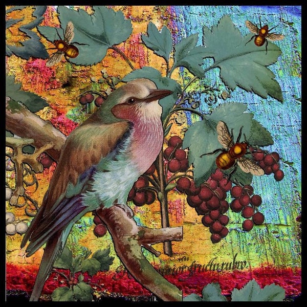 32. Organic Cotton Sateen Berries and Bird's Perspective Pink  Teal Blue Green 8 x 8 inches   Fabric Swatch