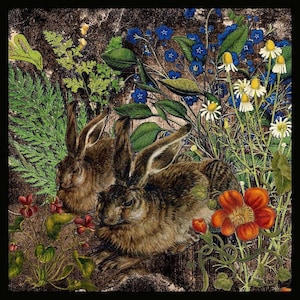 317zV.  Celosia Velvet Rabbit Pair   Swatch  Rabbit Forest Lore Brown Green Red Teal 8 x 8 inches Crazy Quilt